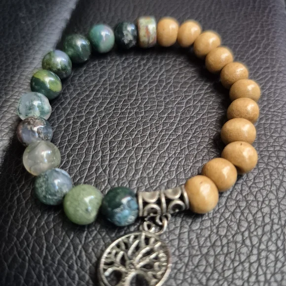 Tree Of Life Braclet! Handmade With Natural Moss Agate And Mala Beads! - Picture 6 of 12